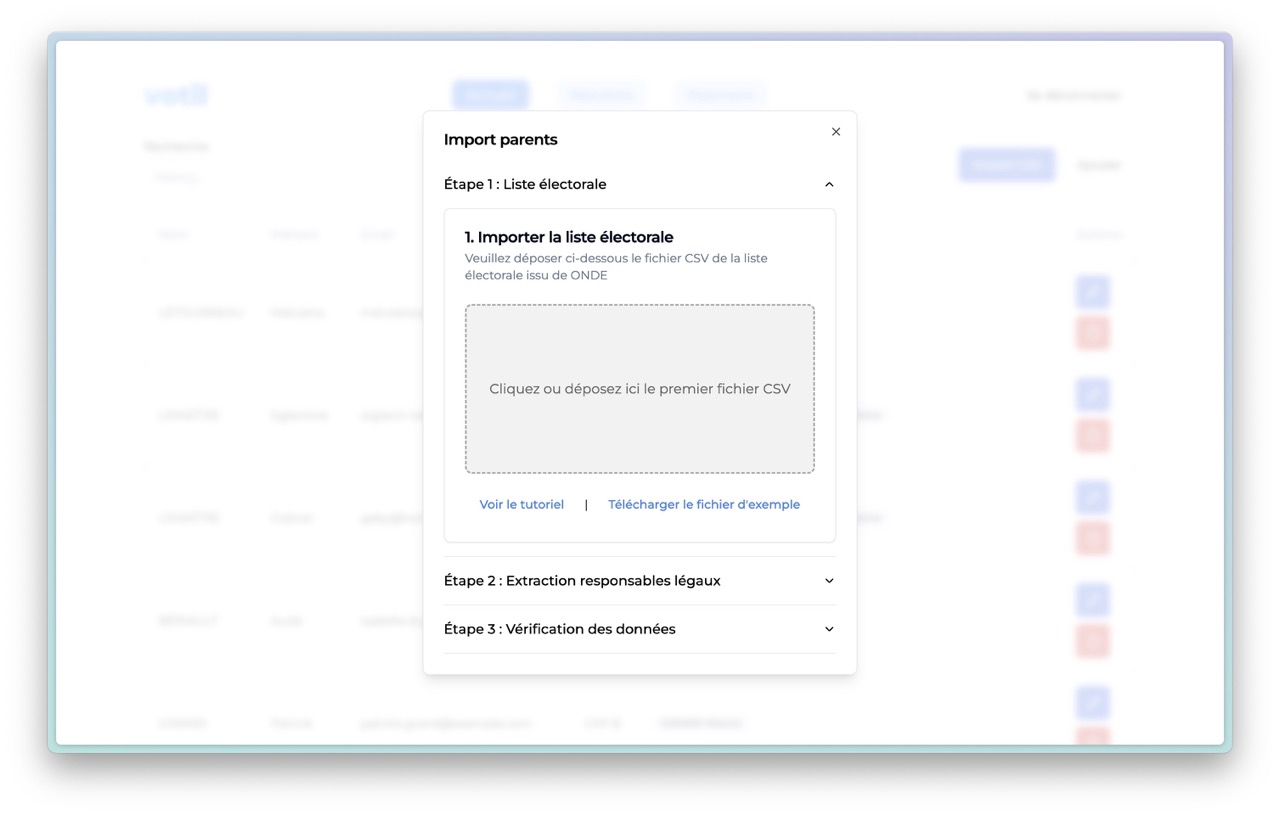 Interface pour importer les parents avec un CSV issu de Onde dans Votil
